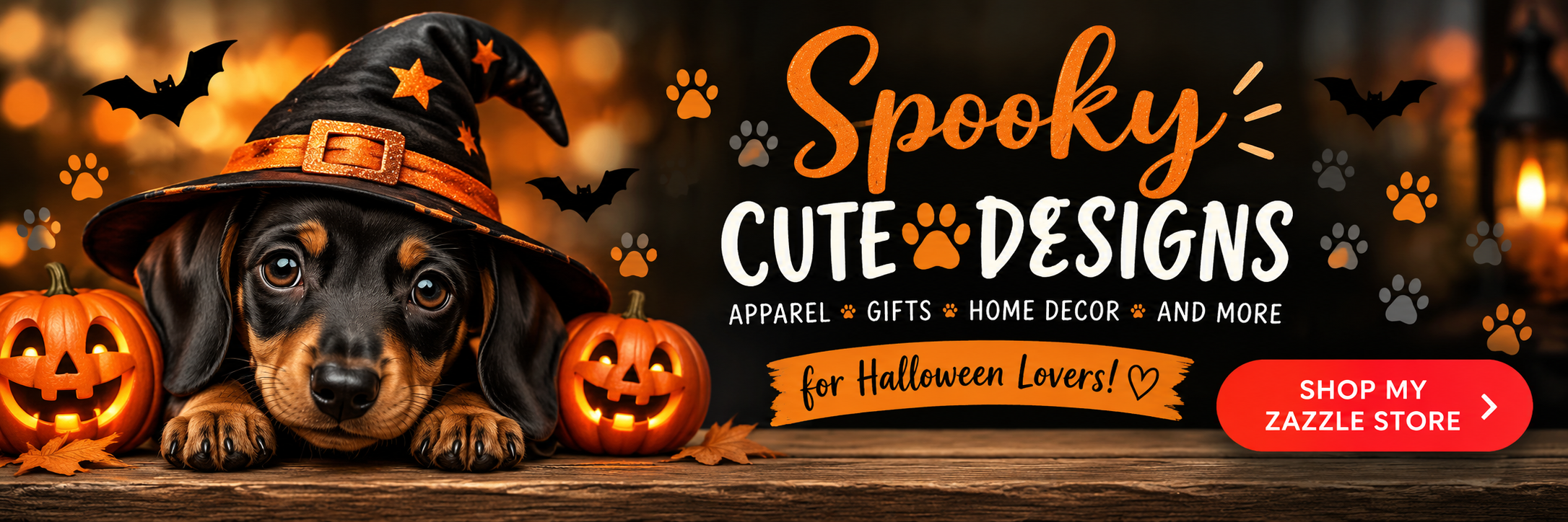 Cute Halloween dachshund wearing a black witch’s hat, surrounded by glowing pumpkins, bats and paw prints. Festive banner promoting spooky cute apparel, gifts and home décor, with a red Shop My Zazzle Store button.